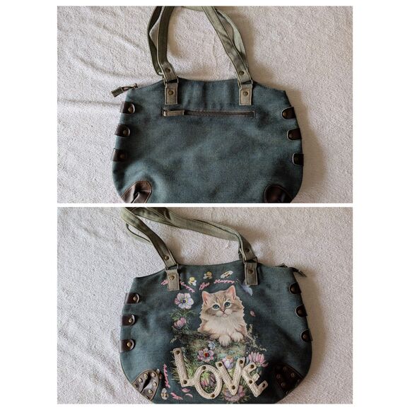 Far Nine Denim Cat Purse Tote Bag Floral Bee “LOVE” Studded Zipper - Picture 5 of 10
